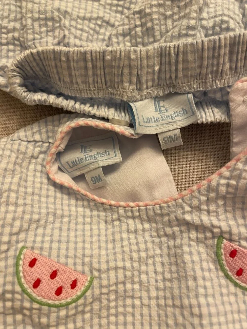 Little English Watermelon Light Blue Seersucker Scalloped Set Size 9 Months